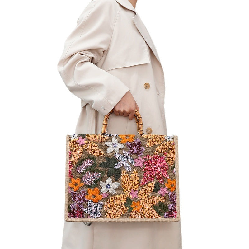 Floral Sequins Straw Tote Bag