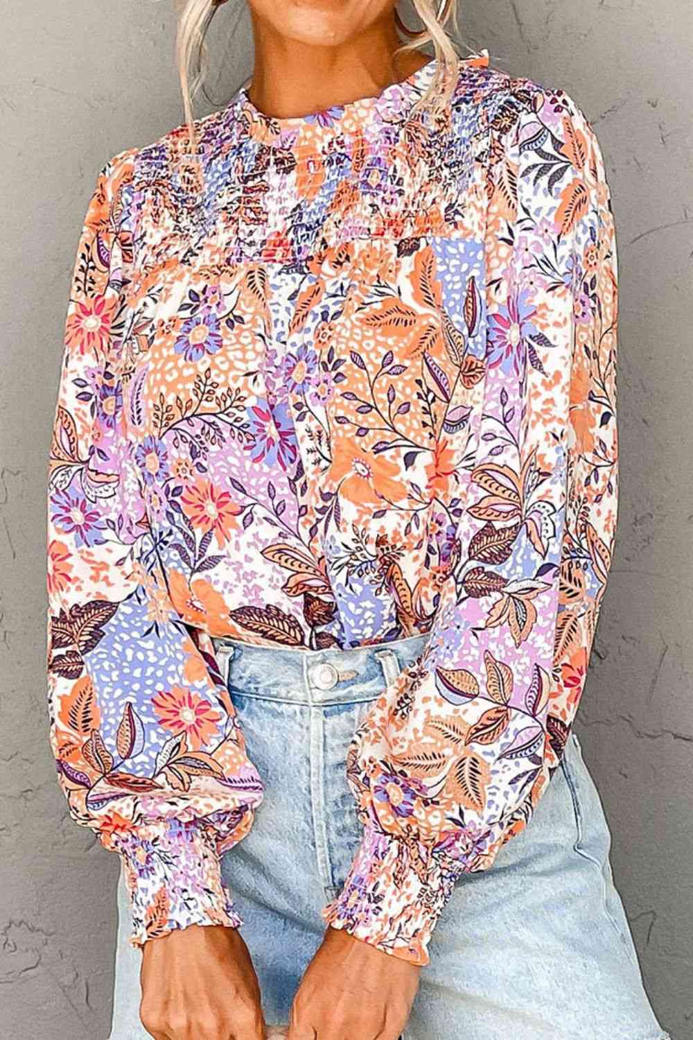 Printed Long Sleeve Round Neck Blouse