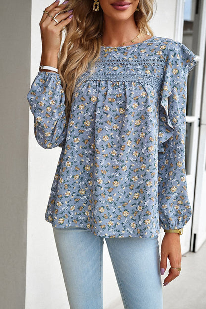 Printed Round Neck Long Sleeve Blouse