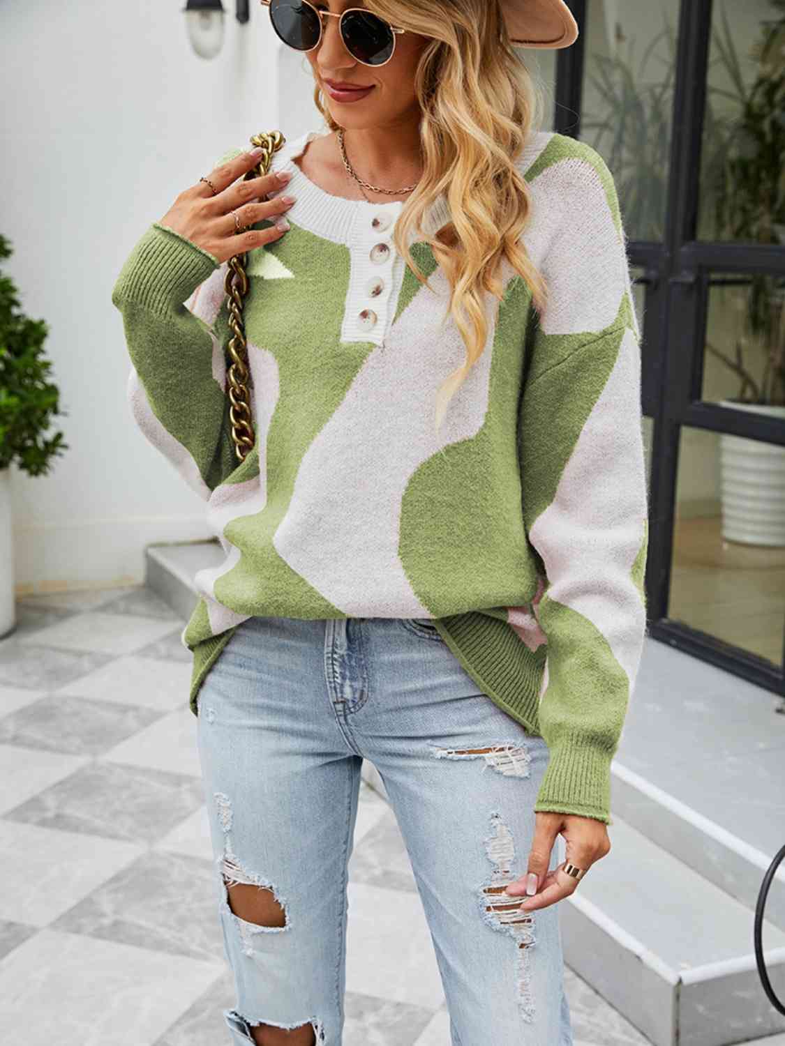 Buttoned Round Neck Drop Shoulder Sweater