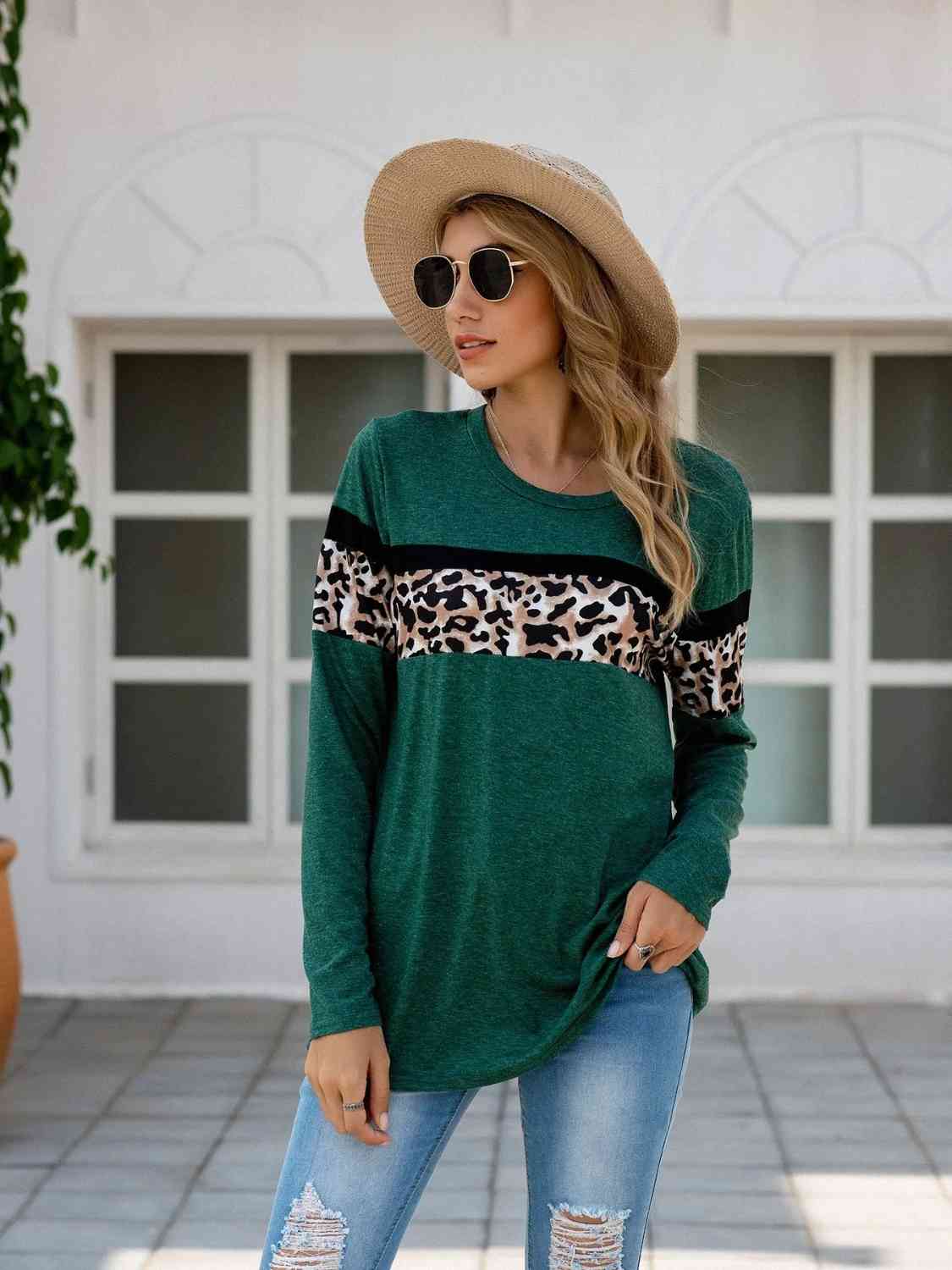 Leopard Round Neck Long Sleeve T-Shirt