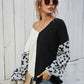 Leopard Color Block V-Neck Tunic Pullover Sweater