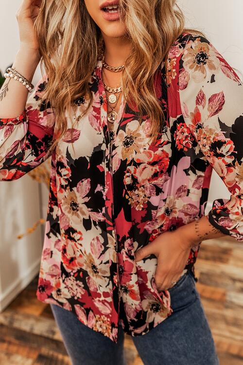Floral Notched Long Sleeve Shirt