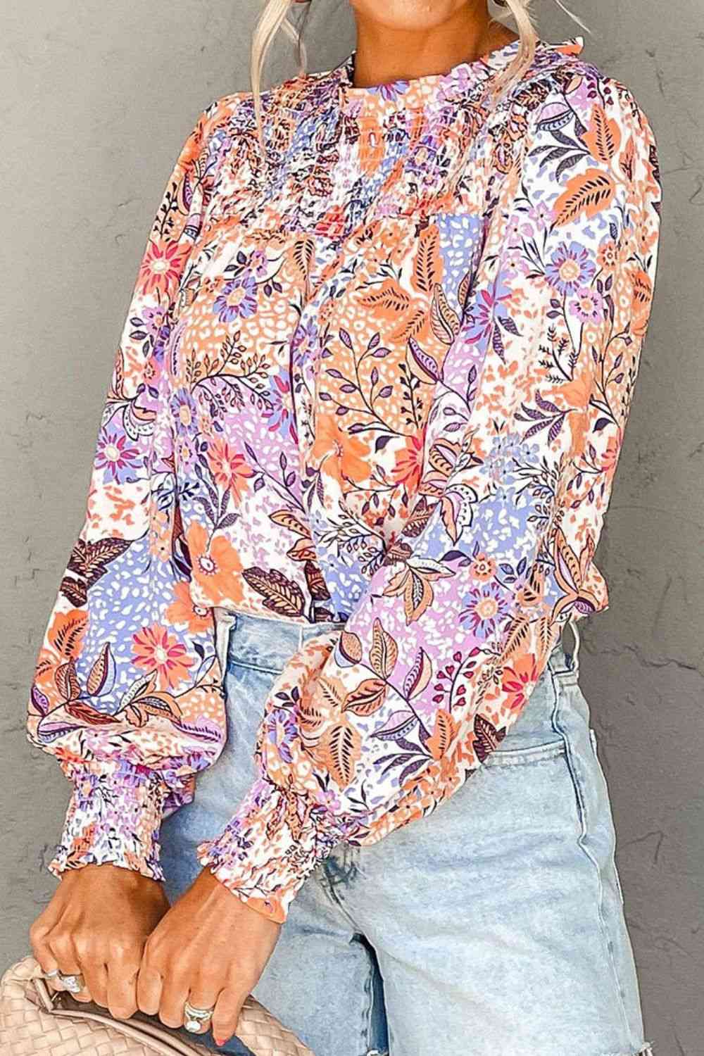 Printed Long Sleeve Round Neck Blouse