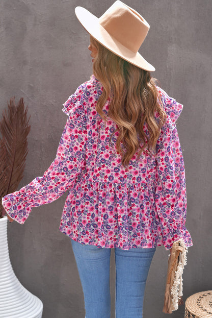 Floral Ruffled Flounce Sleeve Lace Trim Blouse