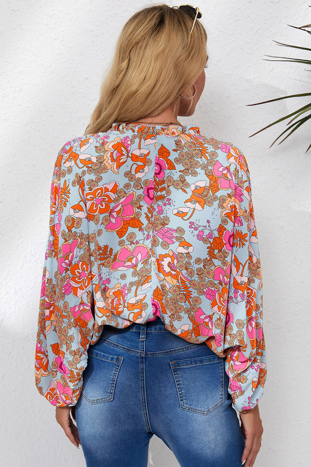 Floral Frill Trim Balloon Sleeve Blouse