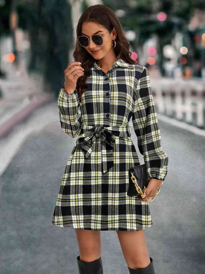 Plaid Tie Front Collared Neck Long Sleeve Dress