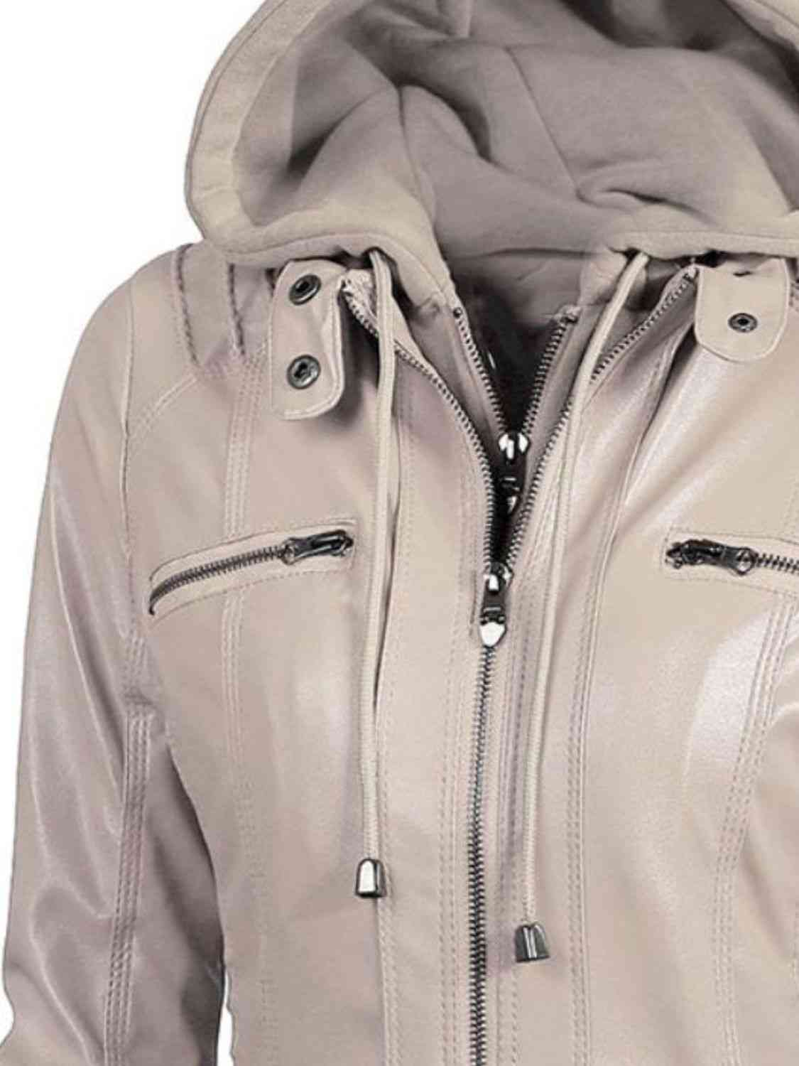 Full Size Zip-Up Hooded PU Jacket