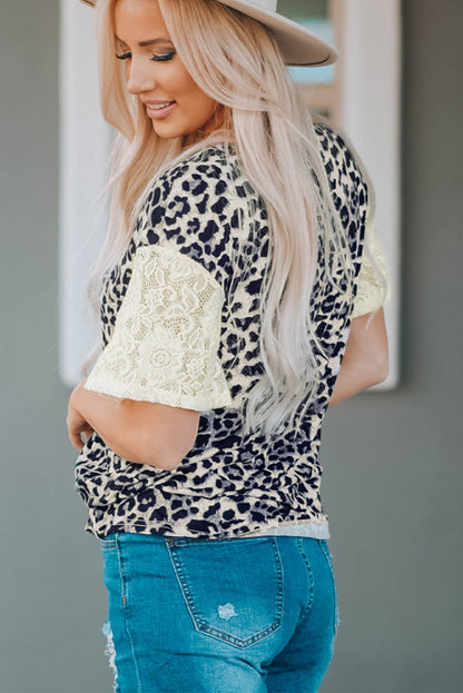 Leopard Print Lace Sleeve Round Neck Tee