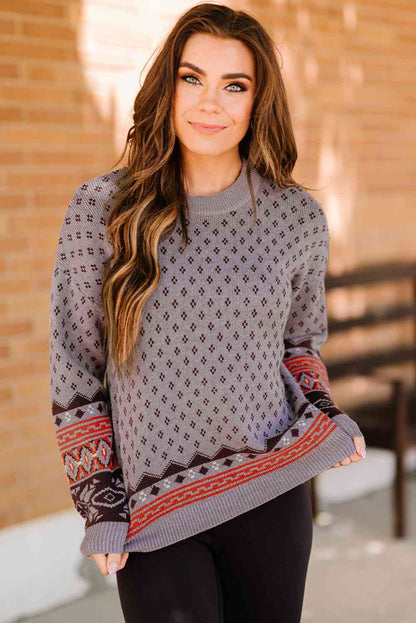 Geometrical Pattern Round Neck Dropped Shoulder Pullover Sweater