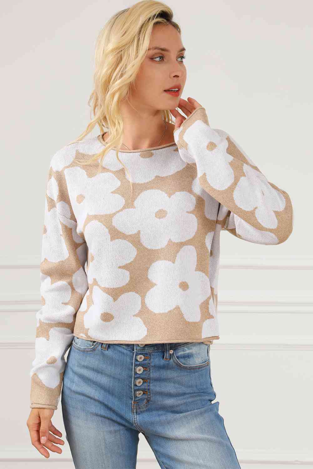 Floral Print Round Neck Drop Shoulder Sweater
