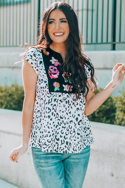 Leopard Notched Neck Short Sleeve Tee