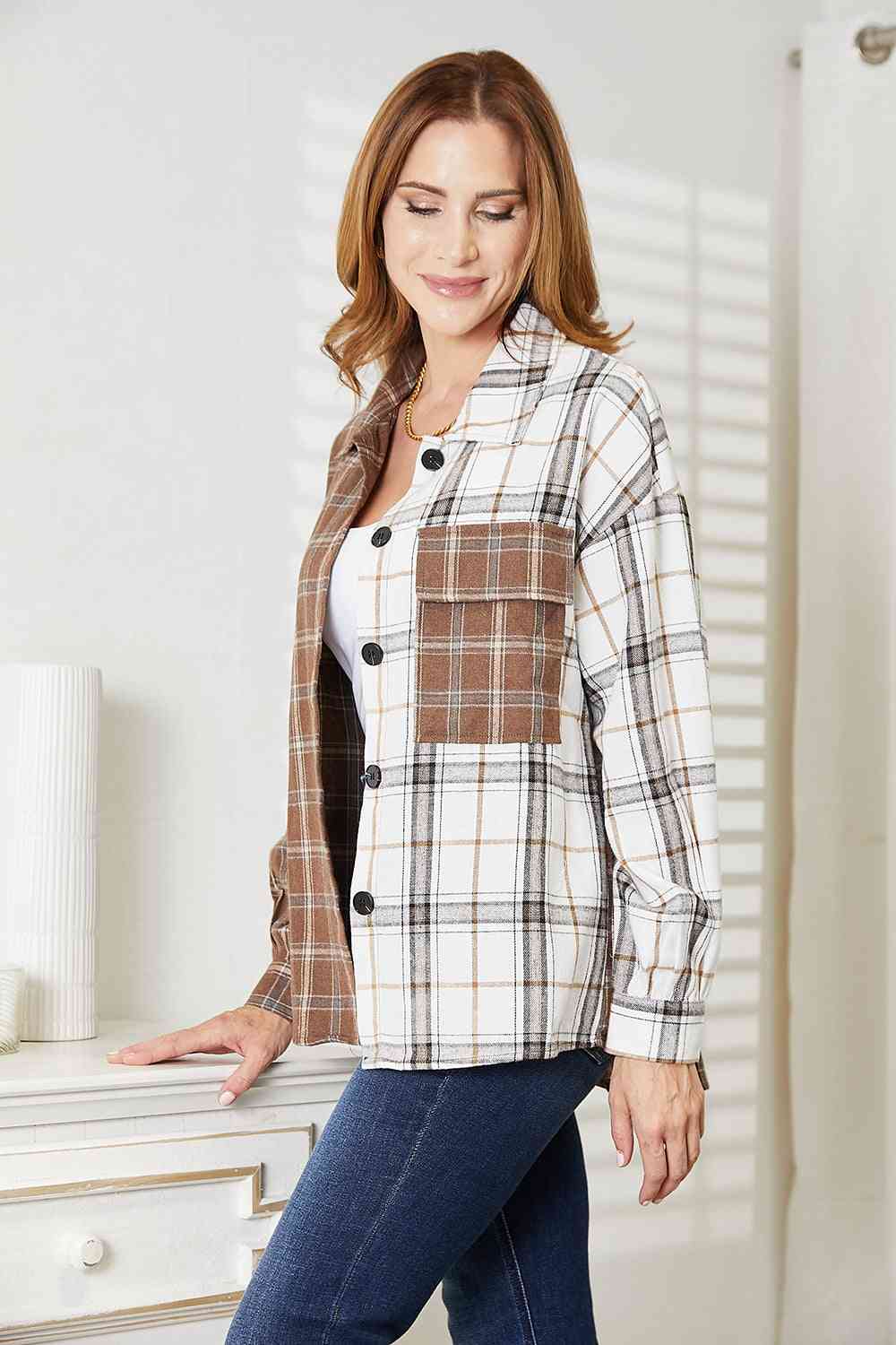Double Take Plaid Contrast Button Up Shirt Jacket