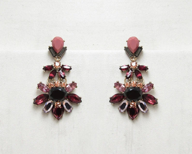 Cranberry Mauve Black Burgundy Earrings Rhinestone Statement Earrings